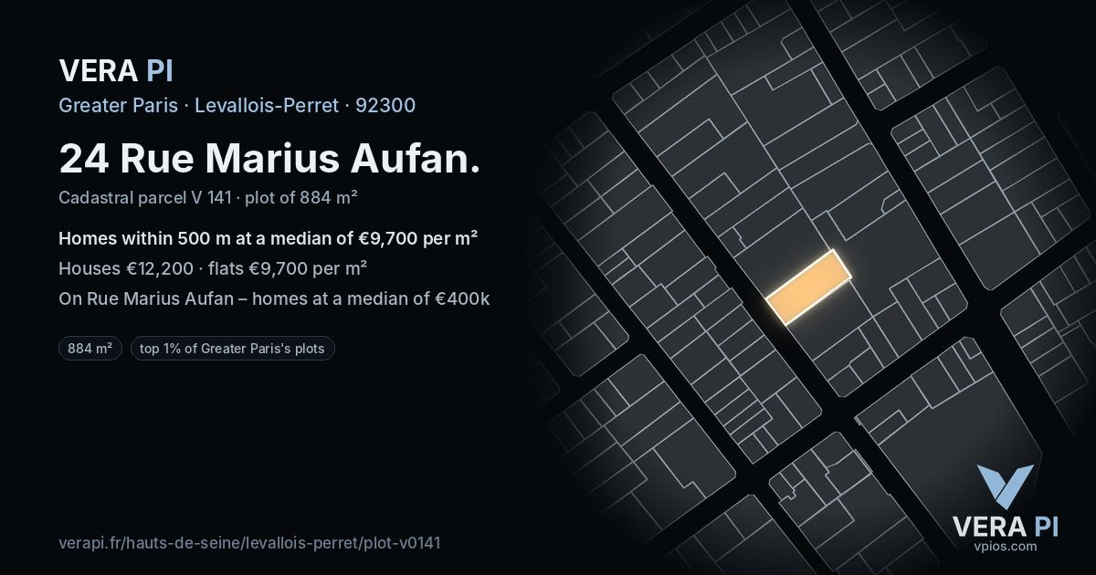 24 Rue Marius Aufan, Levallois-Perret at night – the plot lit, the parcels around coloured by the prices near them