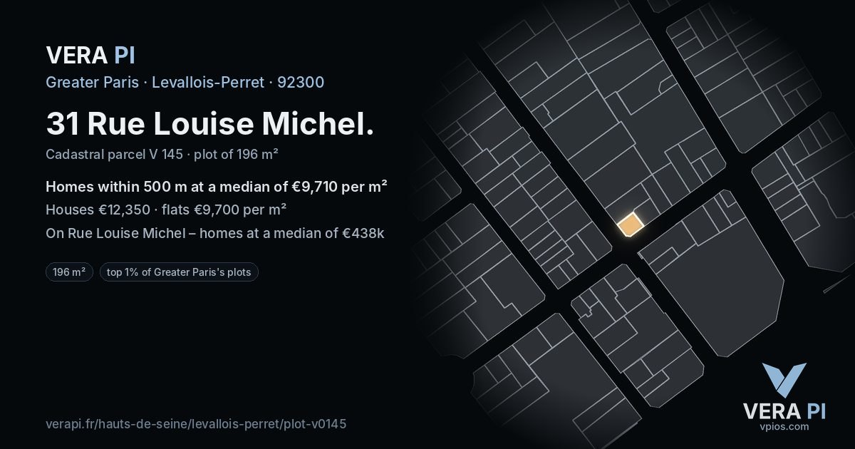 31 Rue Louise Michel, Levallois-Perret at night – the plot lit, the parcels around coloured by the prices near them