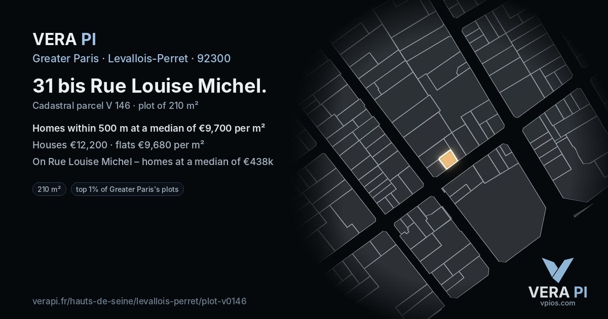 31 bis Rue Louise Michel, Levallois-Perret at night – the plot lit, the parcels around coloured by the prices near them