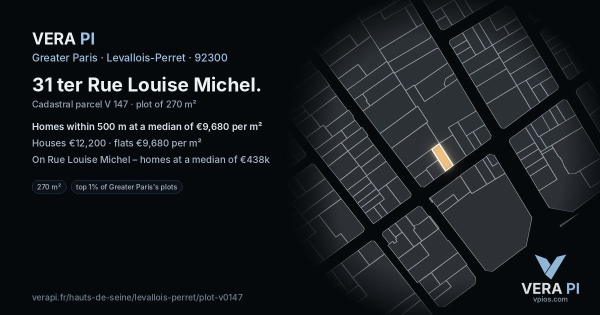 31 ter Rue Louise Michel, Levallois-Perret at night – the plot lit, the parcels around coloured by the prices near them