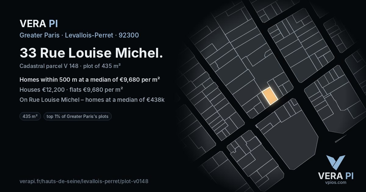33 Rue Louise Michel, Levallois-Perret at night – the plot lit, the parcels around coloured by the prices near them