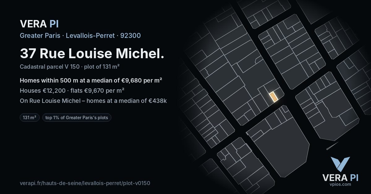 37 Rue Louise Michel, Levallois-Perret at night – the plot lit, the parcels around coloured by the prices near them