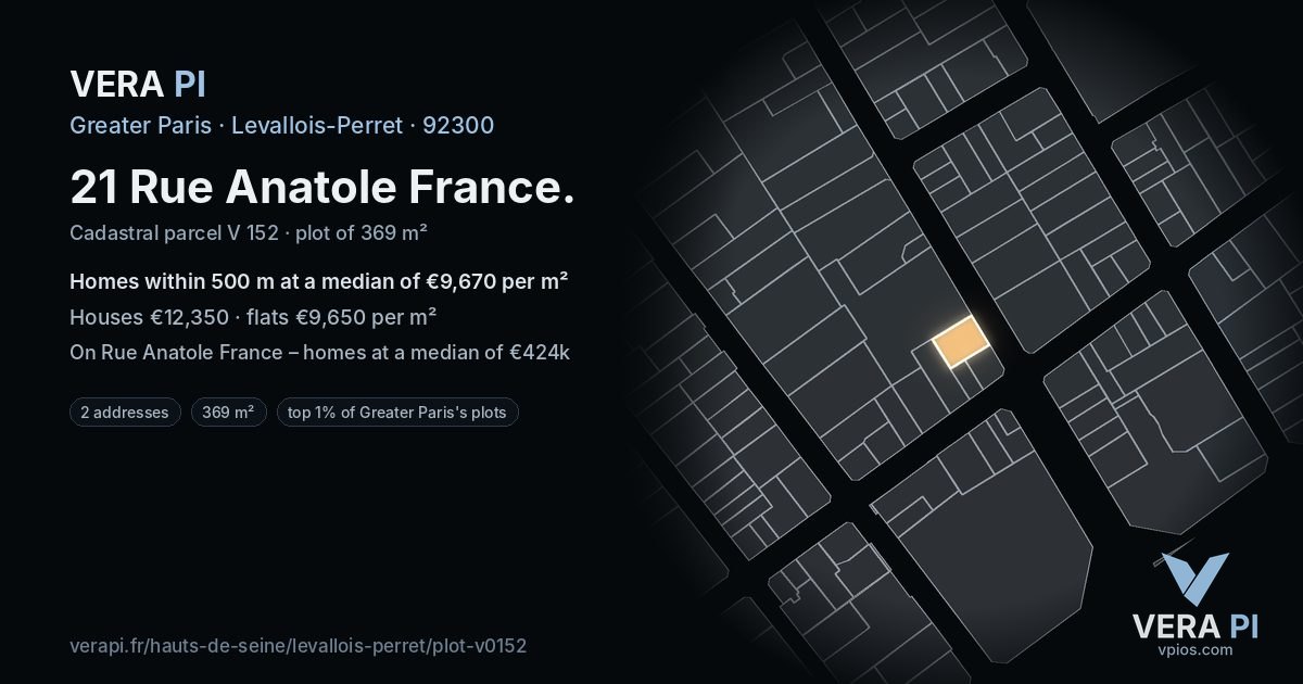 21 Rue Anatole France, Levallois-Perret at night – the plot lit, the parcels around coloured by the prices near them