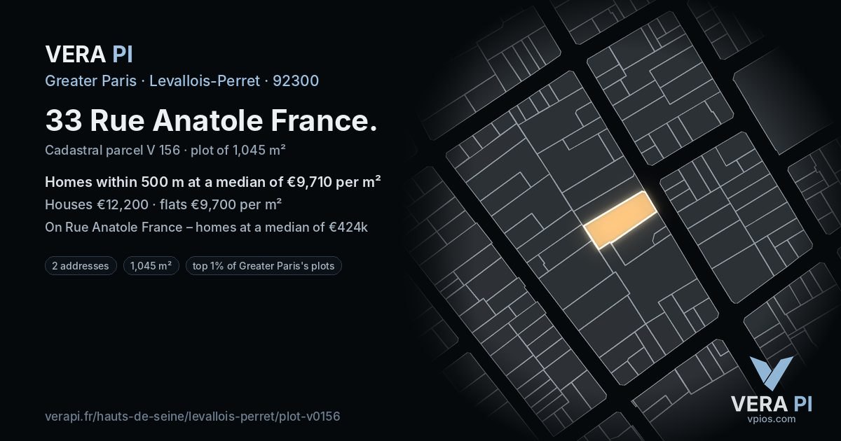 33 Rue Anatole France, Levallois-Perret at night – the plot lit, the parcels around coloured by the prices near them