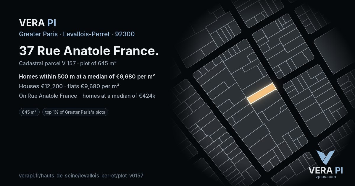 37 Rue Anatole France, Levallois-Perret at night – the plot lit, the parcels around coloured by the prices near them
