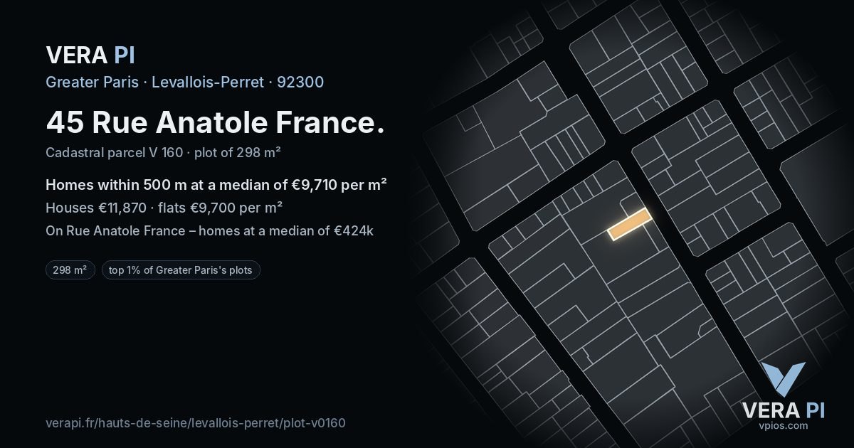 45 Rue Anatole France, Levallois-Perret at night – the plot lit, the parcels around coloured by the prices near them