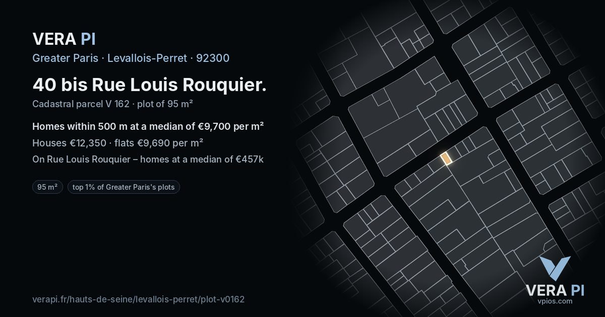 40 bis Rue Louis Rouquier, Levallois-Perret at night – the plot lit, the parcels around coloured by the prices near them