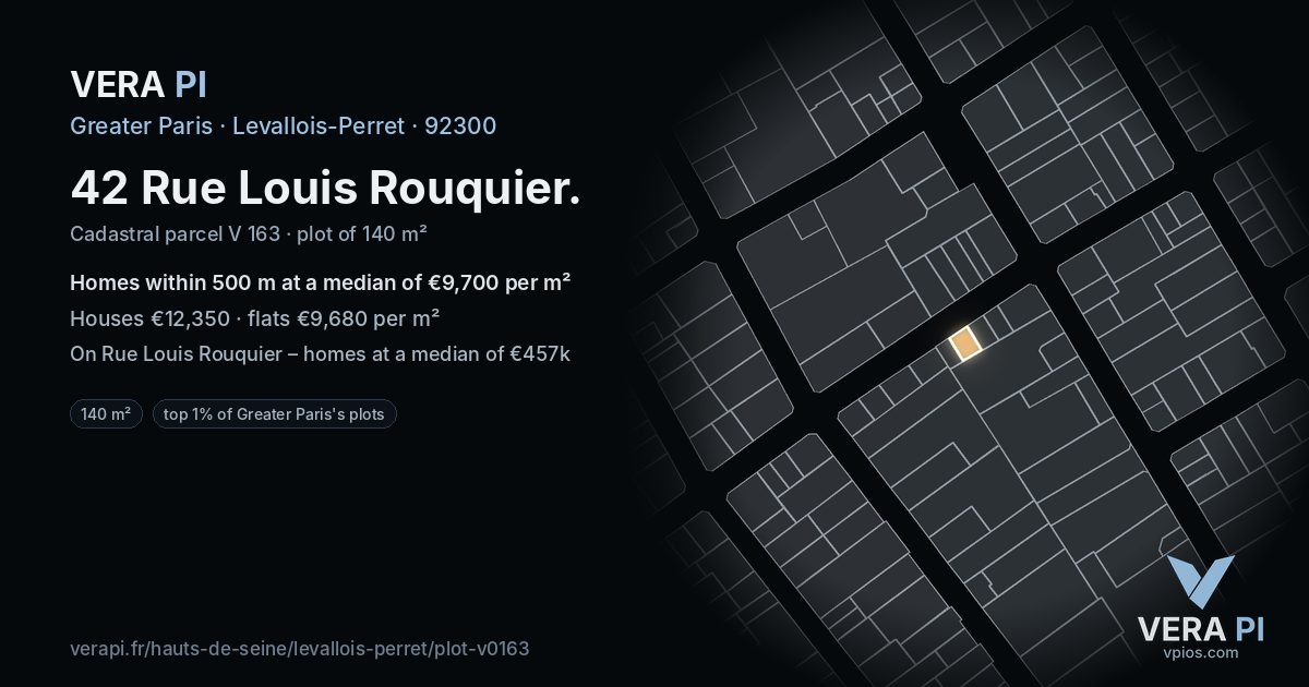 42 Rue Louis Rouquier, Levallois-Perret at night – the plot lit, the parcels around coloured by the prices near them