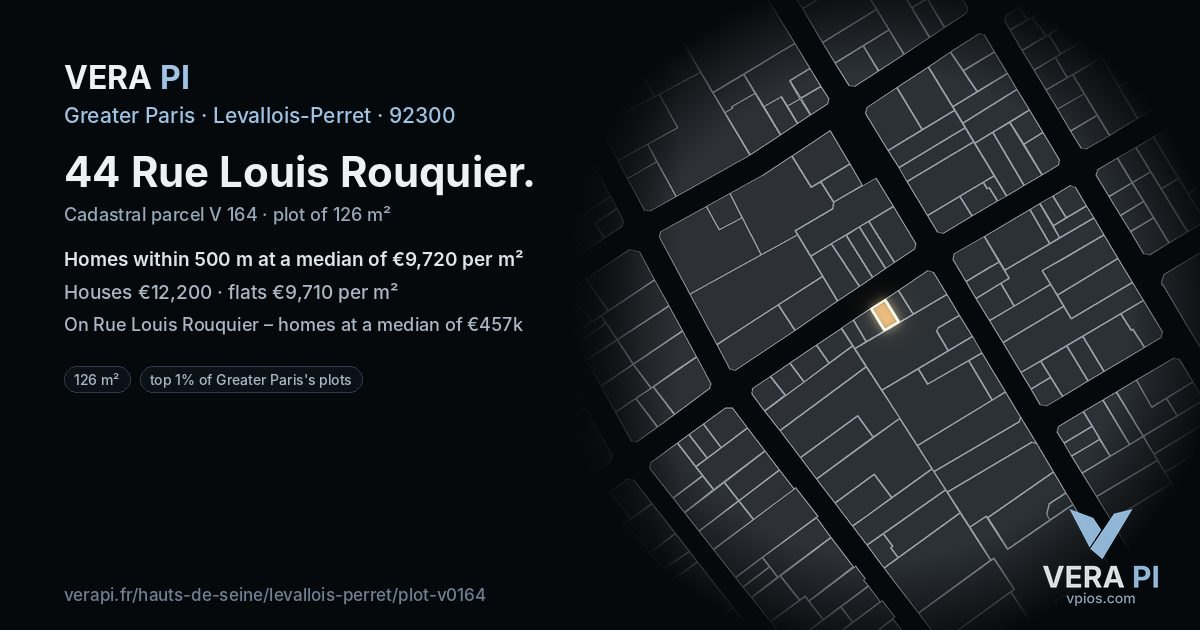 44 Rue Louis Rouquier, Levallois-Perret at night – the plot lit, the parcels around coloured by the prices near them