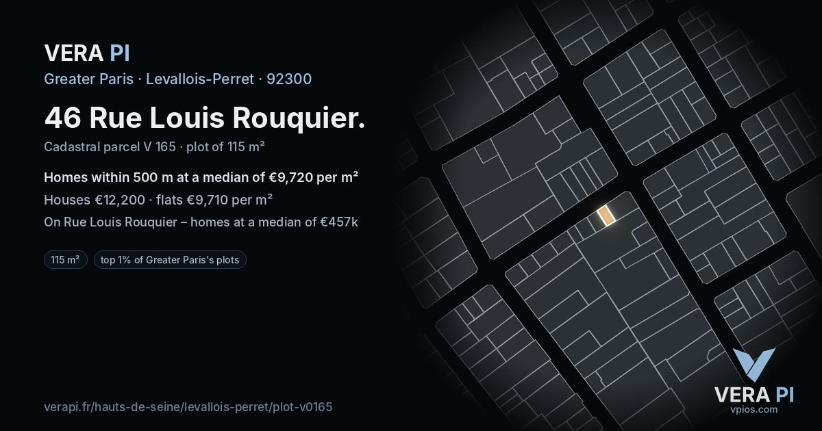 46 Rue Louis Rouquier, Levallois-Perret at night – the plot lit, the parcels around coloured by the prices near them