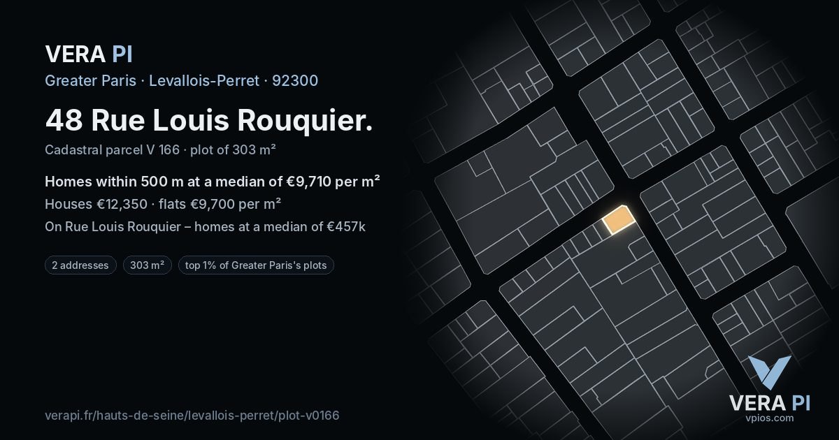 48 Rue Louis Rouquier, Levallois-Perret at night – the plot lit, the parcels around coloured by the prices near them