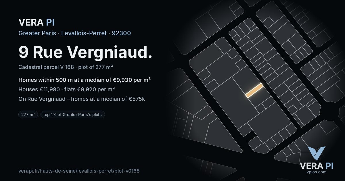 9 Rue Vergniaud, Levallois-Perret at night – the plot lit, the parcels around coloured by the prices near them
