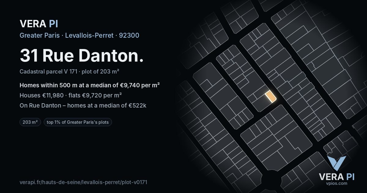 31 Rue Danton, Levallois-Perret at night – the plot lit, the parcels around coloured by the prices near them