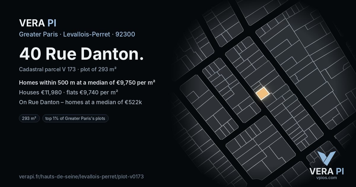 40 Rue Danton, Levallois-Perret at night – the plot lit, the parcels around coloured by the prices near them
