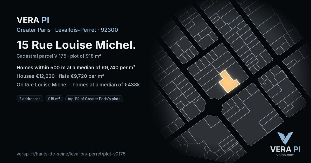15 Rue Louise Michel, Levallois-Perret at night – the plot lit, the parcels around coloured by the prices near them