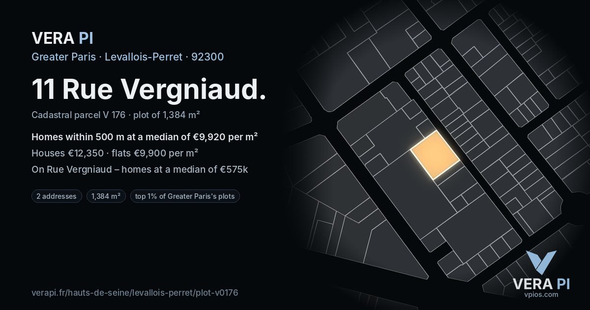 11 Rue Vergniaud, Levallois-Perret at night – the plot lit, the parcels around coloured by the prices near them