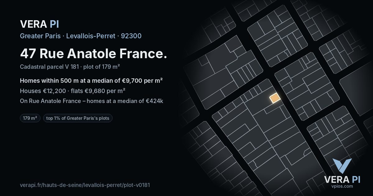 47 Rue Anatole France, Levallois-Perret at night – the plot lit, the parcels around coloured by the prices near them