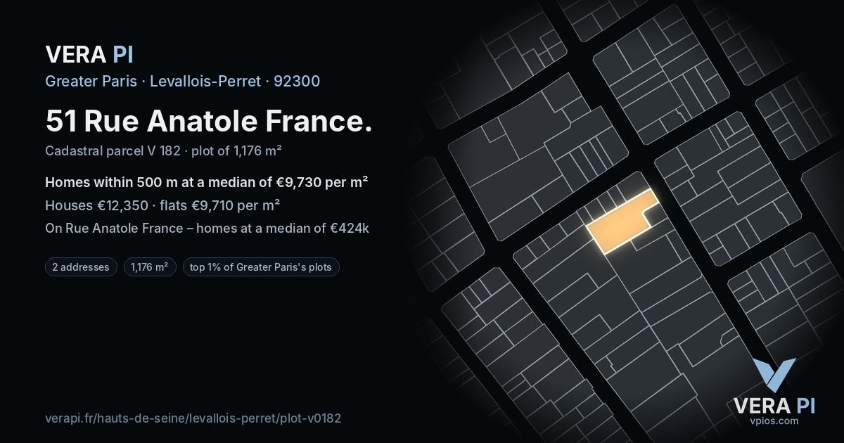 51 Rue Anatole France, Levallois-Perret at night – the plot lit, the parcels around coloured by the prices near them
