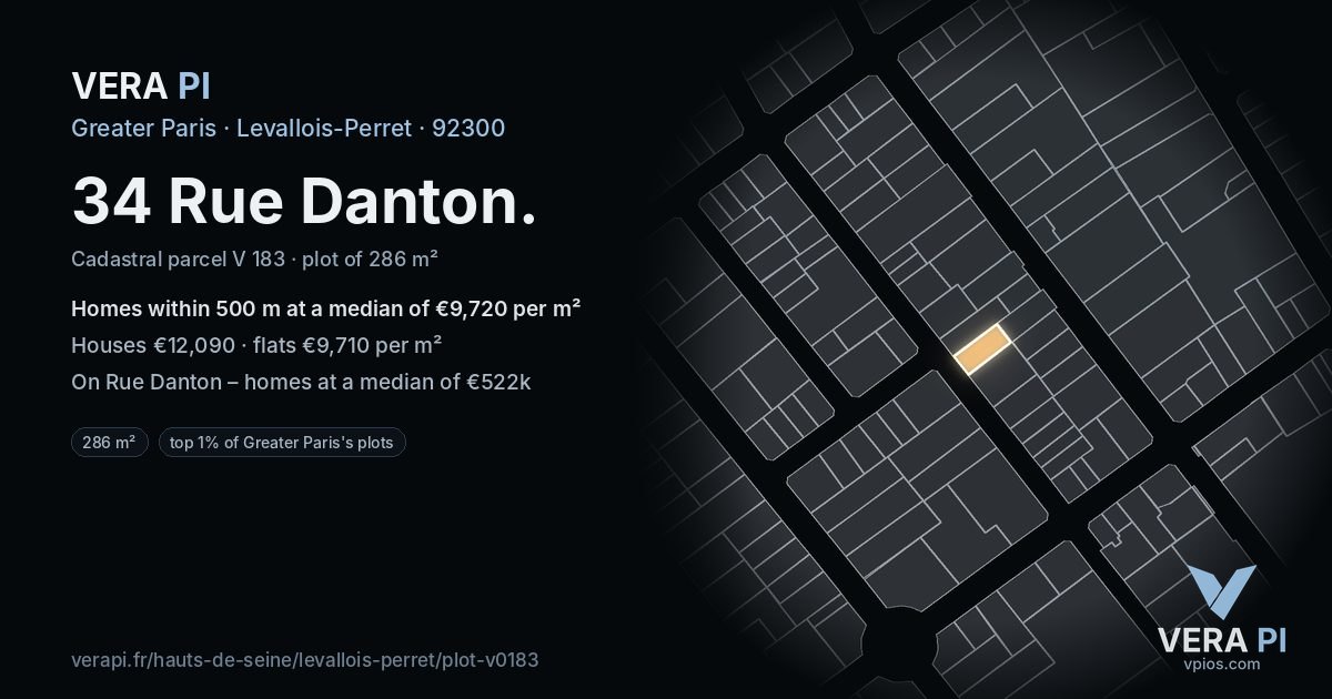 34 Rue Danton, Levallois-Perret at night – the plot lit, the parcels around coloured by the prices near them