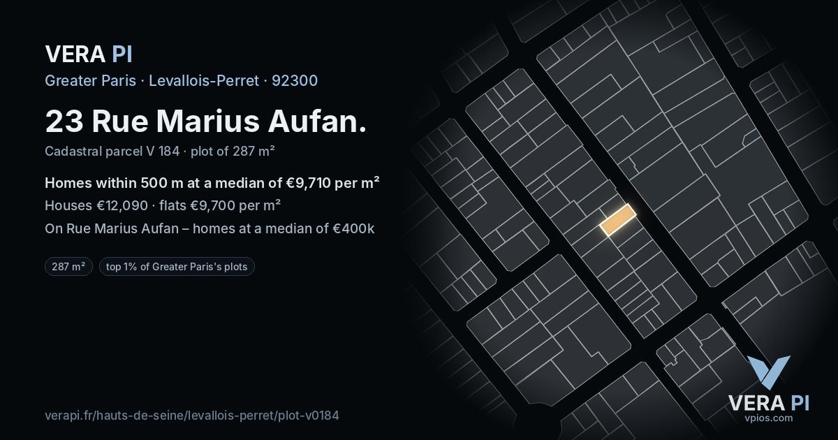 23 Rue Marius Aufan, Levallois-Perret at night – the plot lit, the parcels around coloured by the prices near them