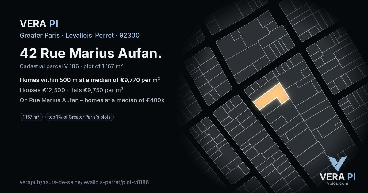 42 Rue Marius Aufan, Levallois-Perret at night – the plot lit, the parcels around coloured by the prices near them