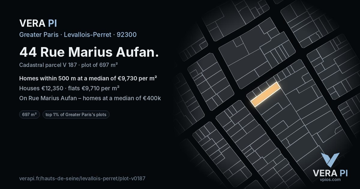 44 Rue Marius Aufan, Levallois-Perret at night – the plot lit, the parcels around coloured by the prices near them