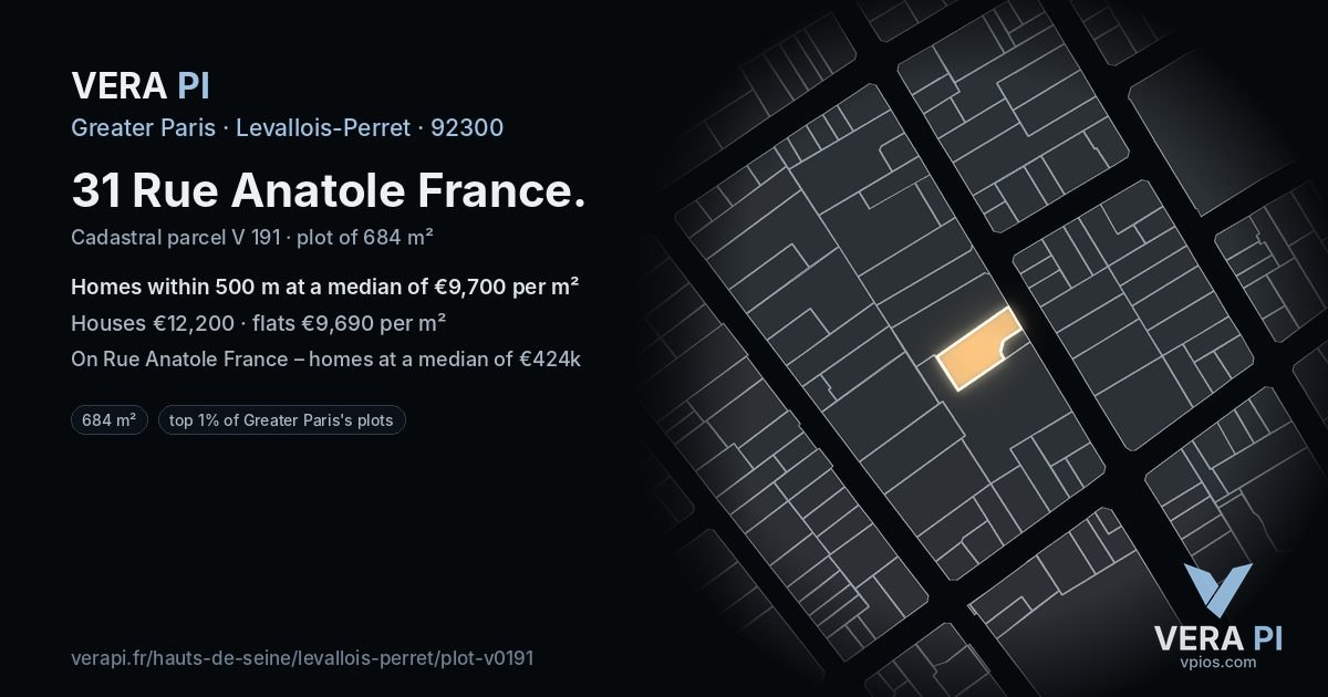 31 Rue Anatole France, Levallois-Perret at night – the plot lit, the parcels around coloured by the prices near them