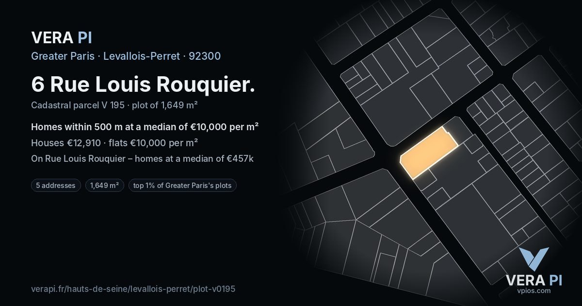 6 Rue Louis Rouquier, Levallois-Perret at night – the plot lit, the parcels around coloured by the prices near them
