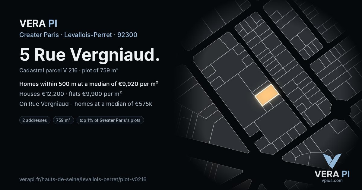 5 Rue Vergniaud, Levallois-Perret at night – the plot lit, the parcels around coloured by the prices near them