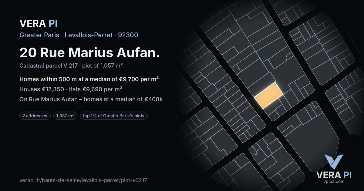 20 Rue Marius Aufan, Levallois-Perret at night – the plot lit, the parcels around coloured by the prices near them