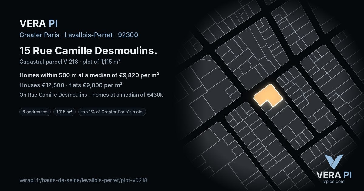 15 Rue Camille Desmoulins, Levallois-Perret at night – the plot lit, the parcels around coloured by the prices near them