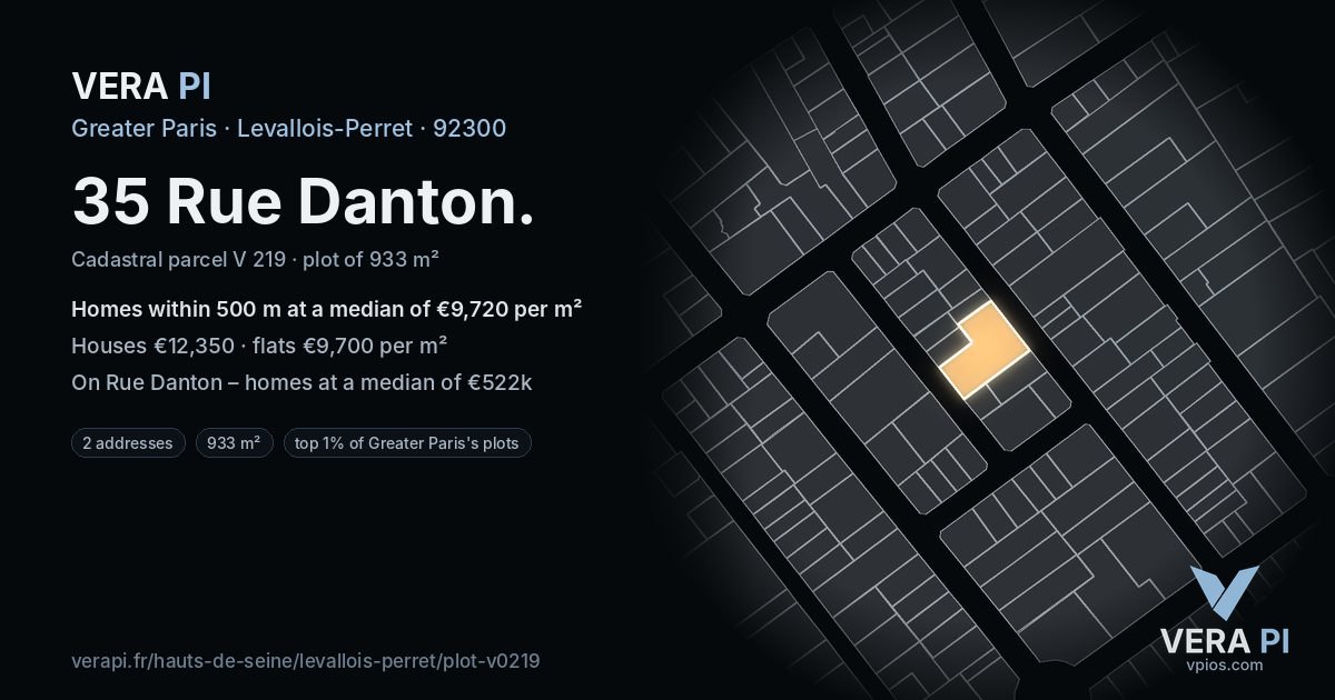 35 Rue Danton, Levallois-Perret at night – the plot lit, the parcels around coloured by the prices near them