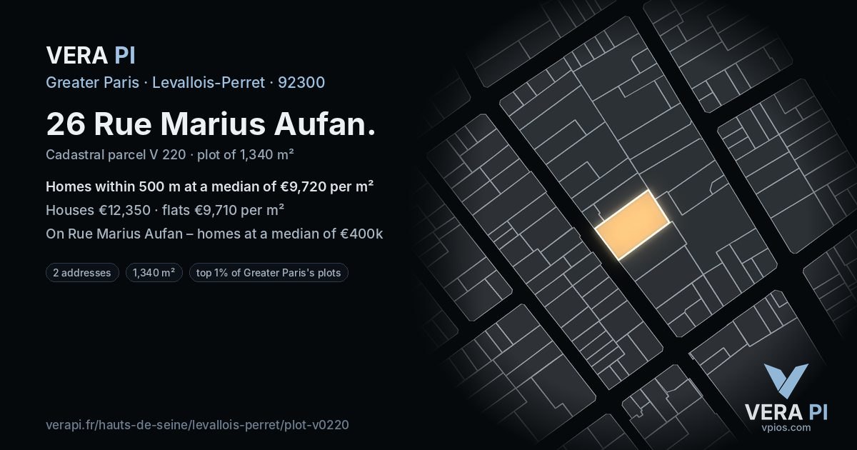 26 Rue Marius Aufan, Levallois-Perret at night – the plot lit, the parcels around coloured by the prices near them