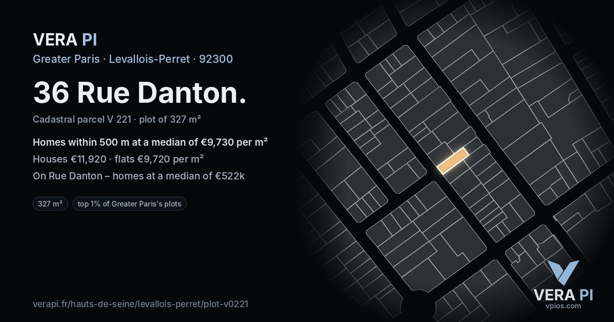36 Rue Danton, Levallois-Perret at night – the plot lit, the parcels around coloured by the prices near them