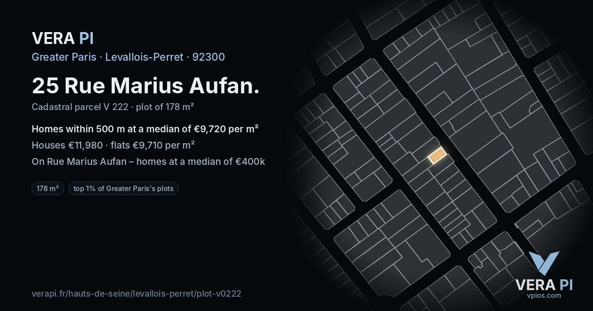 25 Rue Marius Aufan, Levallois-Perret at night – the plot lit, the parcels around coloured by the prices near them