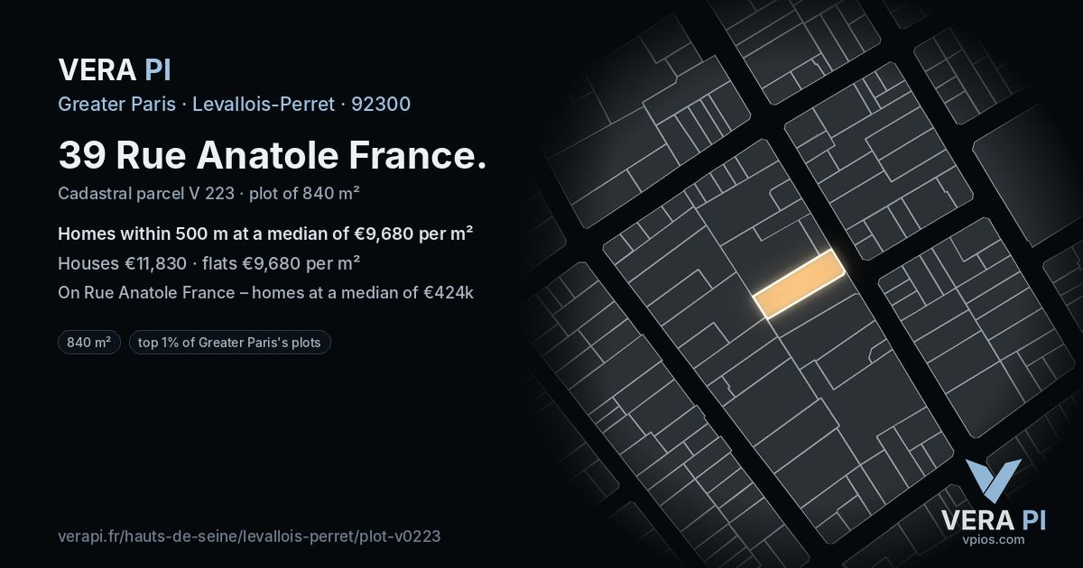 39 Rue Anatole France, Levallois-Perret at night – the plot lit, the parcels around coloured by the prices near them
