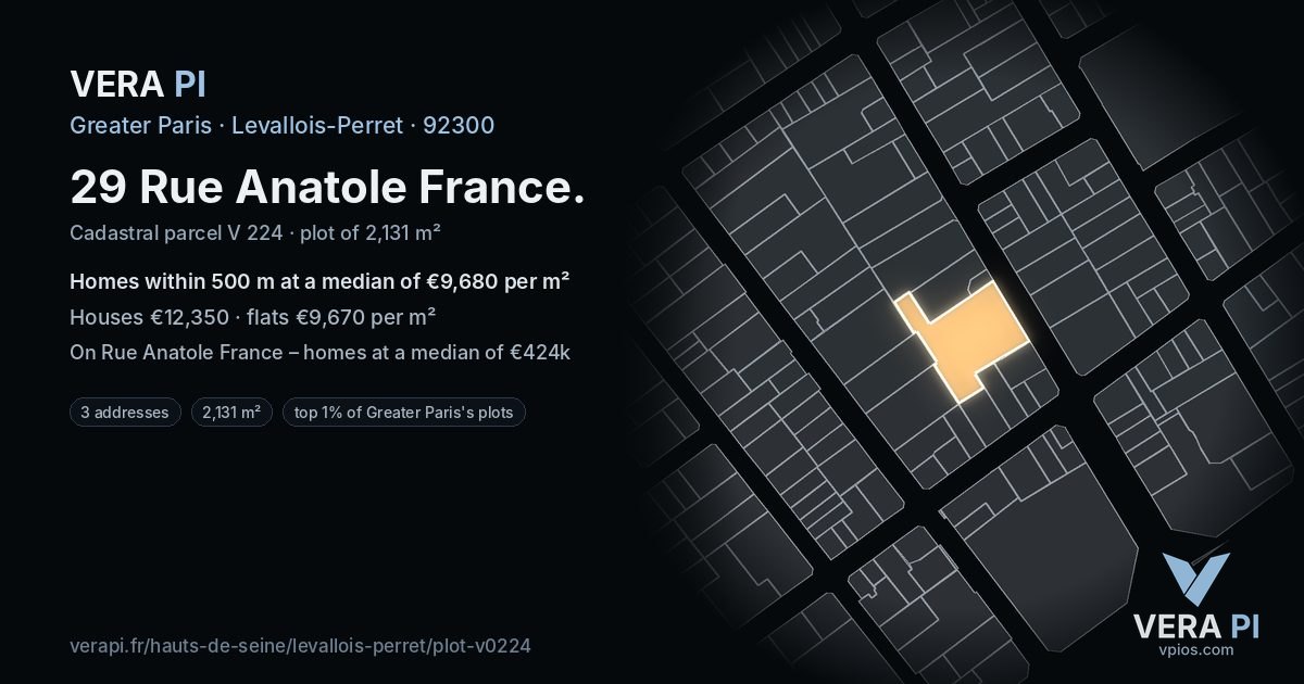 29 Rue Anatole France, Levallois-Perret at night – the plot lit, the parcels around coloured by the prices near them