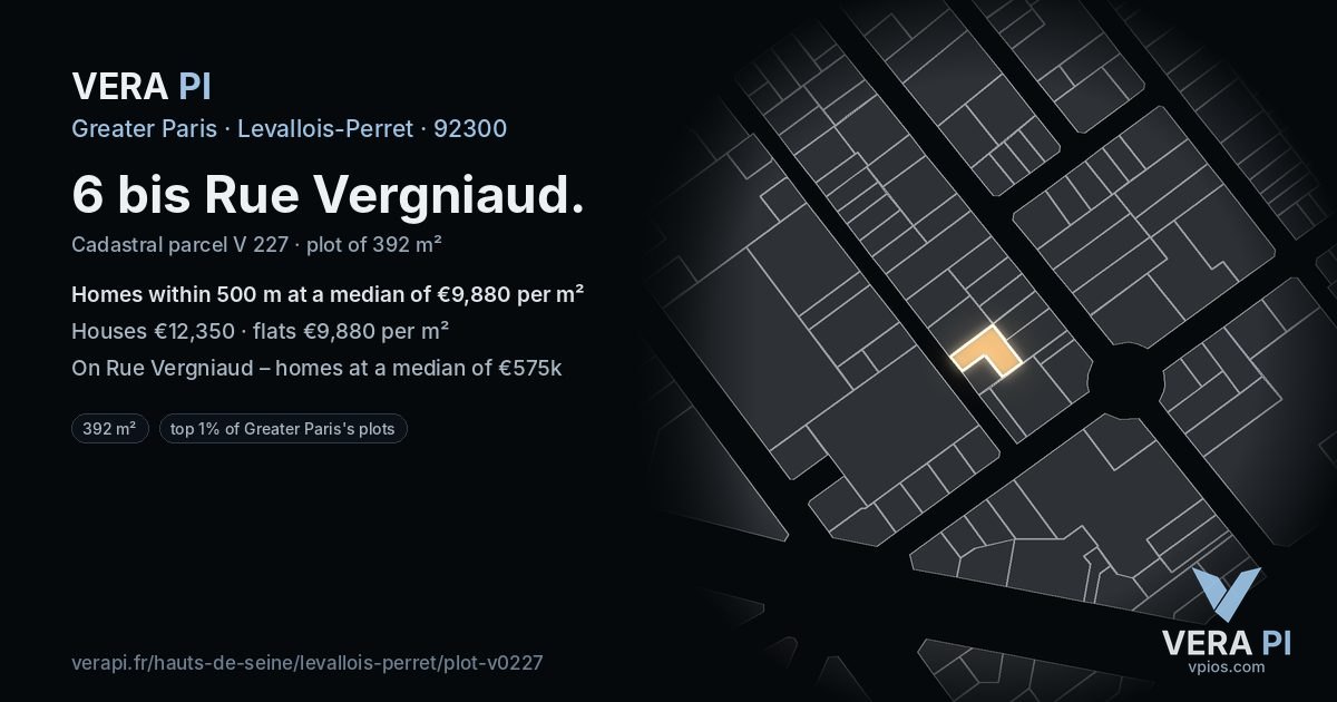 6 bis Rue Vergniaud, Levallois-Perret at night – the plot lit, the parcels around coloured by the prices near them