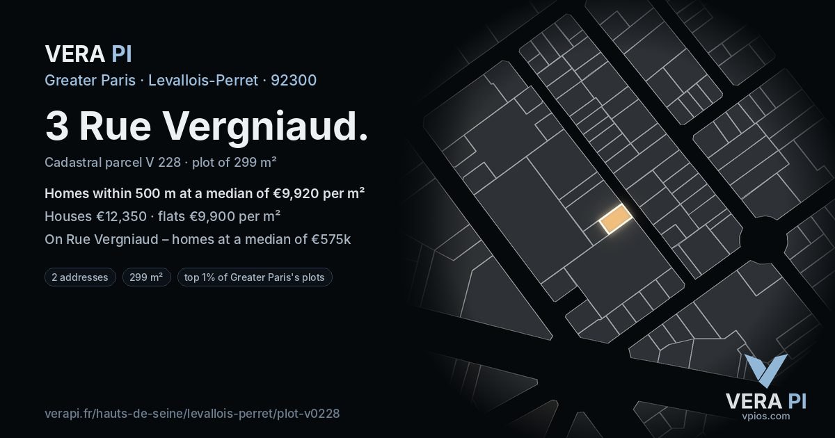 3 Rue Vergniaud, Levallois-Perret at night – the plot lit, the parcels around coloured by the prices near them