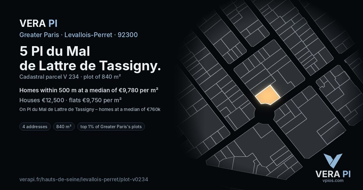 5 Pl du Mal de Lattre de Tassigny, Levallois-Perret at night – the plot lit, the parcels around coloured by the prices near them