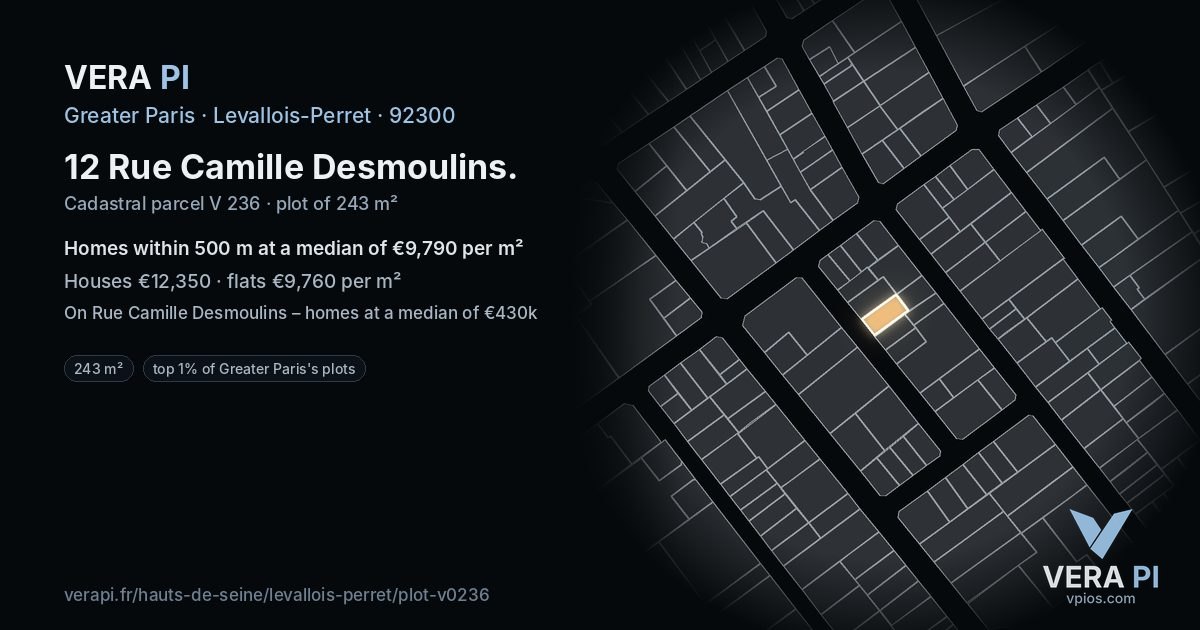 12 Rue Camille Desmoulins, Levallois-Perret at night – the plot lit, the parcels around coloured by the prices near them
