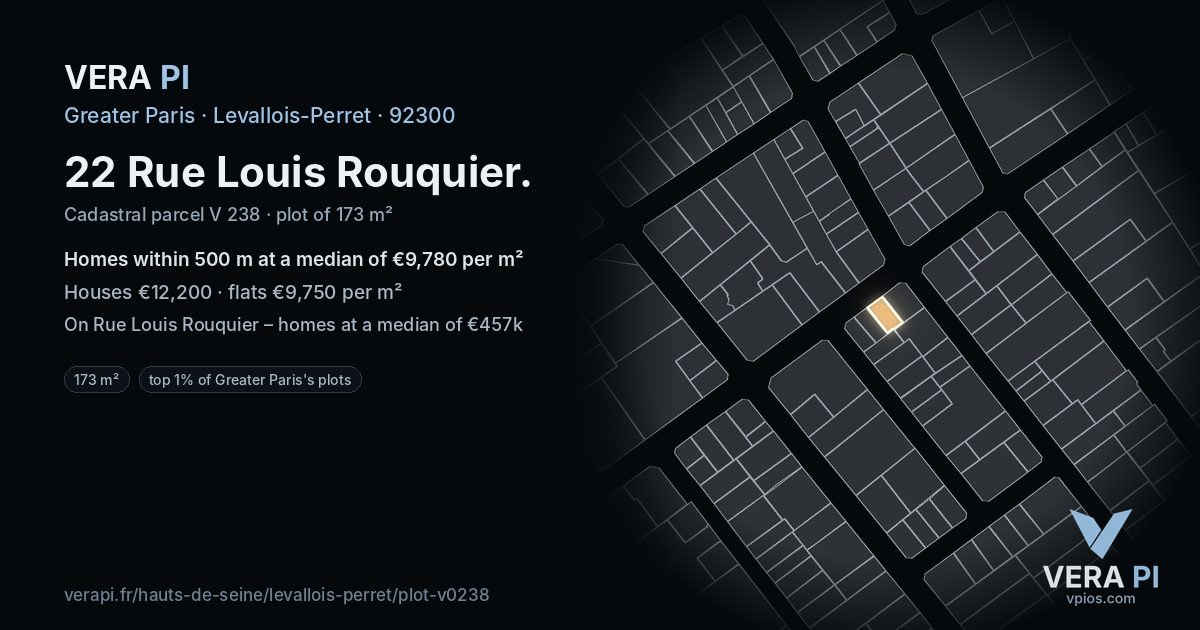 22 Rue Louis Rouquier, Levallois-Perret at night – the plot lit, the parcels around coloured by the prices near them
