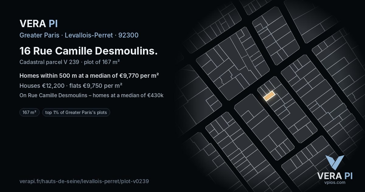 16 Rue Camille Desmoulins, Levallois-Perret at night – the plot lit, the parcels around coloured by the prices near them