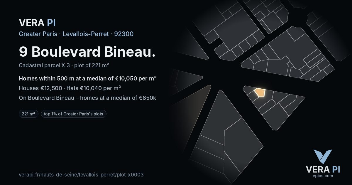 9 Boulevard Bineau, Levallois-Perret at night – the plot lit, the parcels around coloured by the prices near them
