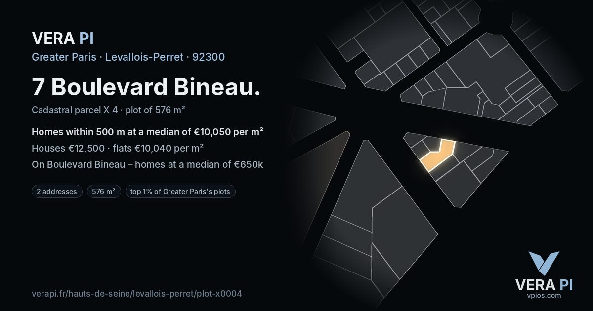 7 Boulevard Bineau, Levallois-Perret at night – the plot lit, the parcels around coloured by the prices near them