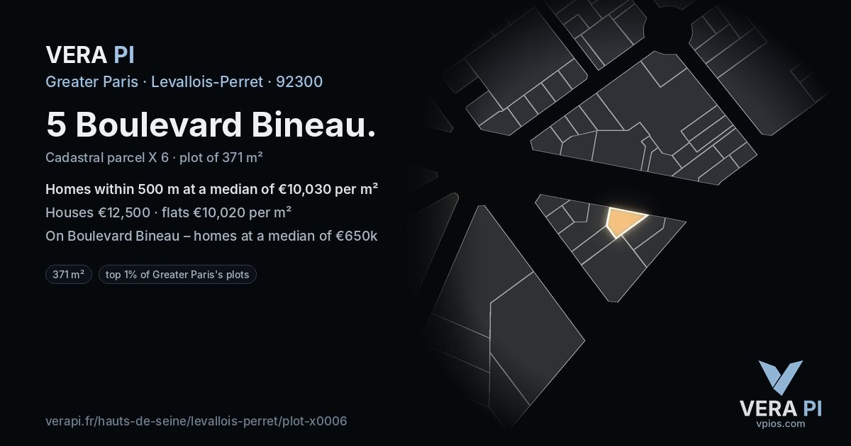 5 Boulevard Bineau, Levallois-Perret at night – the plot lit, the parcels around coloured by the prices near them