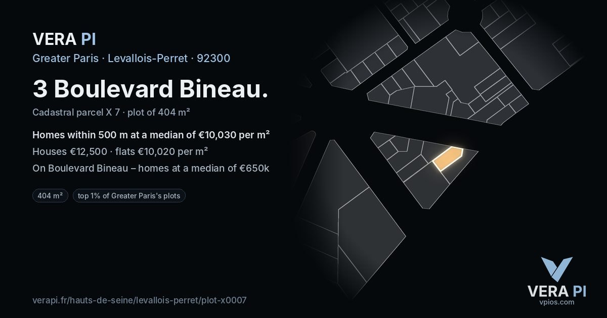 3 Boulevard Bineau, Levallois-Perret at night – the plot lit, the parcels around coloured by the prices near them