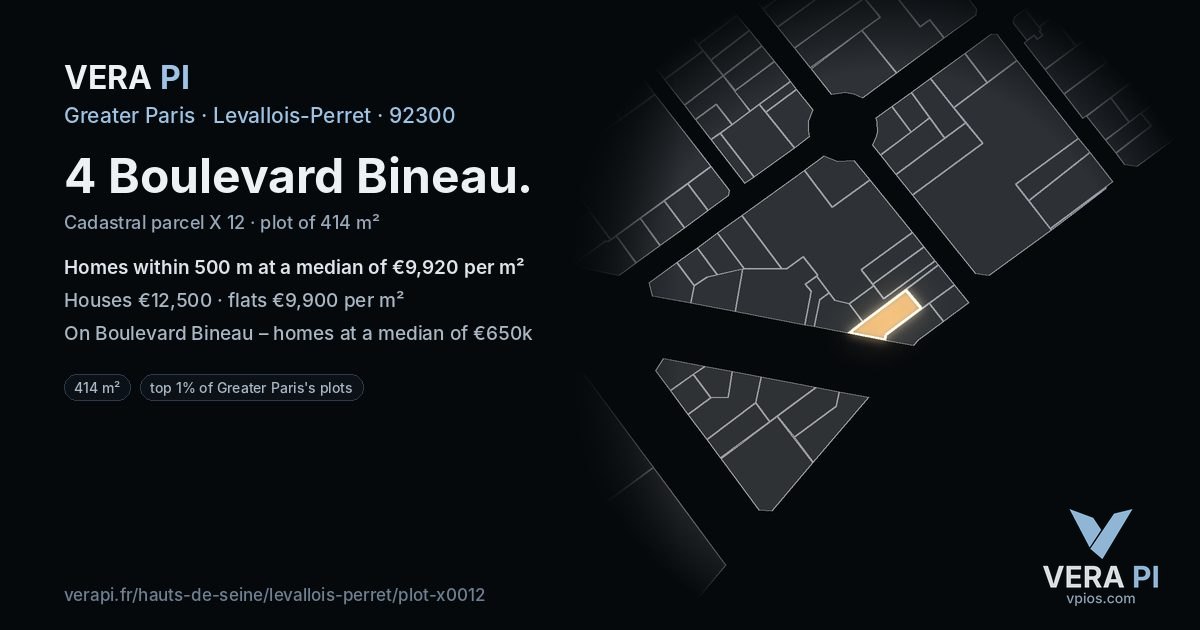 4 Boulevard Bineau, Levallois-Perret at night – the plot lit, the parcels around coloured by the prices near them