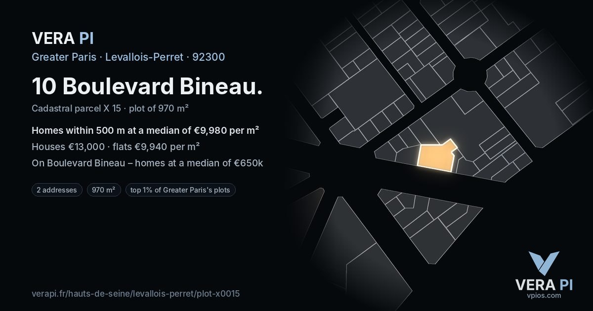 10 Boulevard Bineau, Levallois-Perret at night – the plot lit, the parcels around coloured by the prices near them