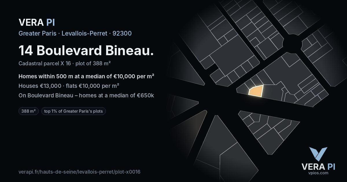 14 Boulevard Bineau, Levallois-Perret at night – the plot lit, the parcels around coloured by the prices near them